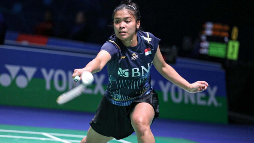 Aksi Gregoria Mariska Tunjung di babak pertama All England 2023