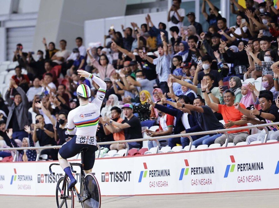 Harrie Lavreysen saat menjuarai nomor Sprin Putra UCI Track Nation Cup 2023 Jakarta